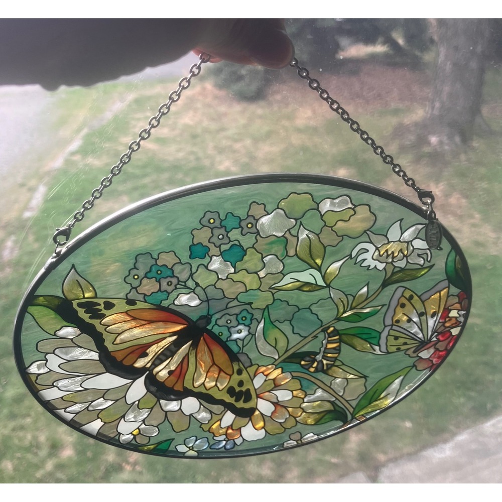 AMIA Suncatcher Home Decor Small Monarch Butterfly Floral Hand Painted Glass